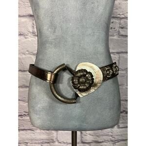 Unique Avant Garde Bronze Leather Belt with Shell and Flower Accent